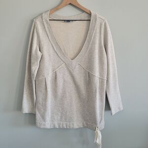 Anthropologie Fleurette Sweatshirt Womens Large Gray Deep V-Neck Tie Waist